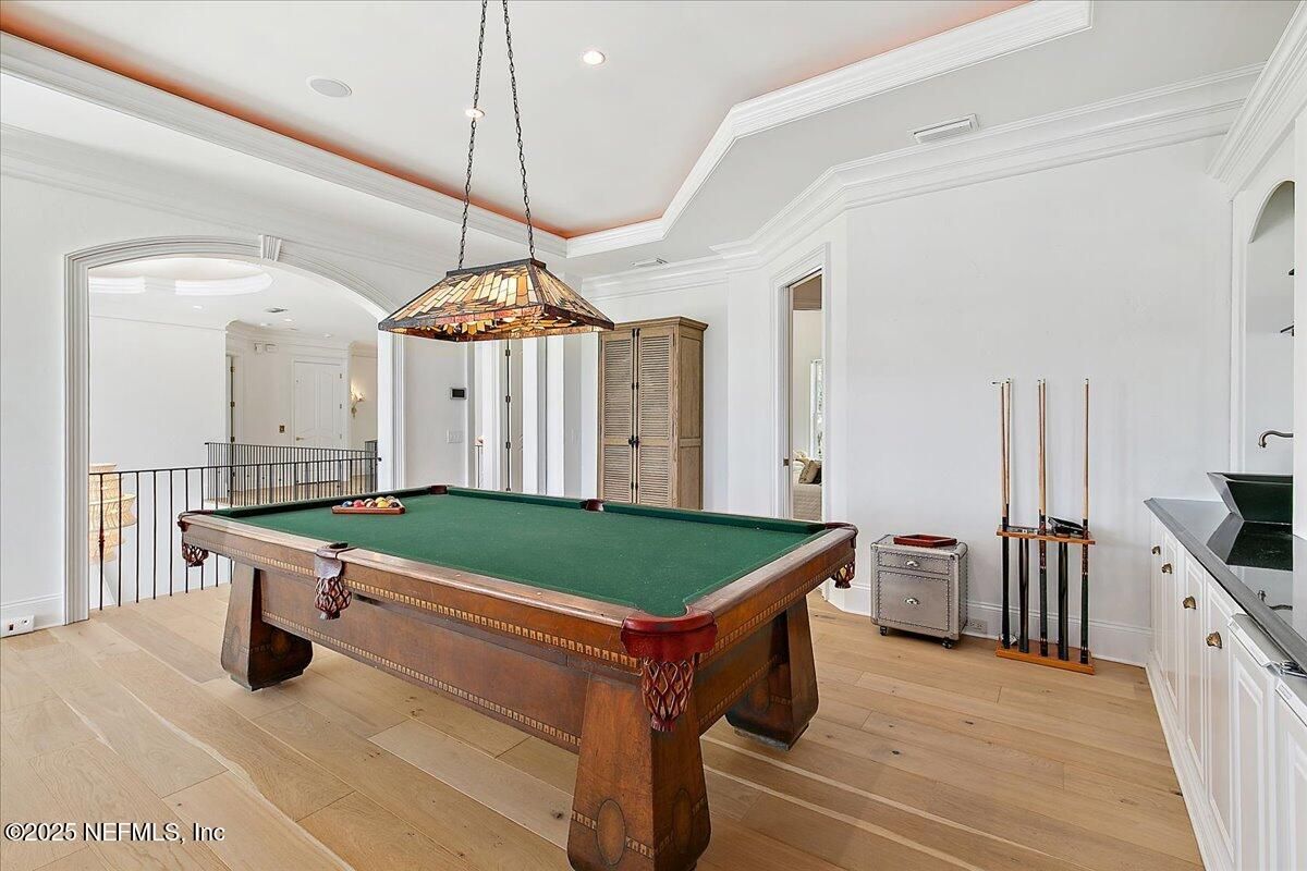 Billiard Table, Game Room, Interior, Pendant Lights, Recessed Lighting, Wood Texture Flooring