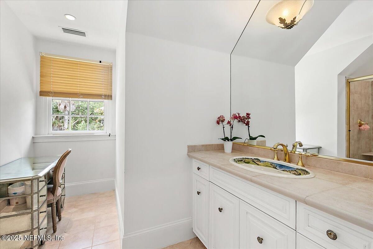 Bathroom, Dual Sink Vanities, Interior, Recessed Lighting, Tile Countertops