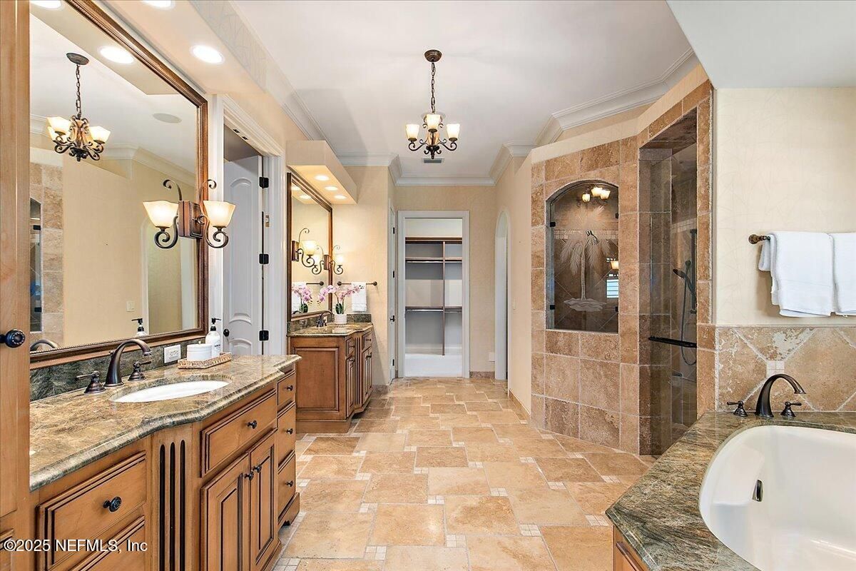 Bathroom, Chandelier, Dual Sink Vanities, Interior, Recessed Lighting