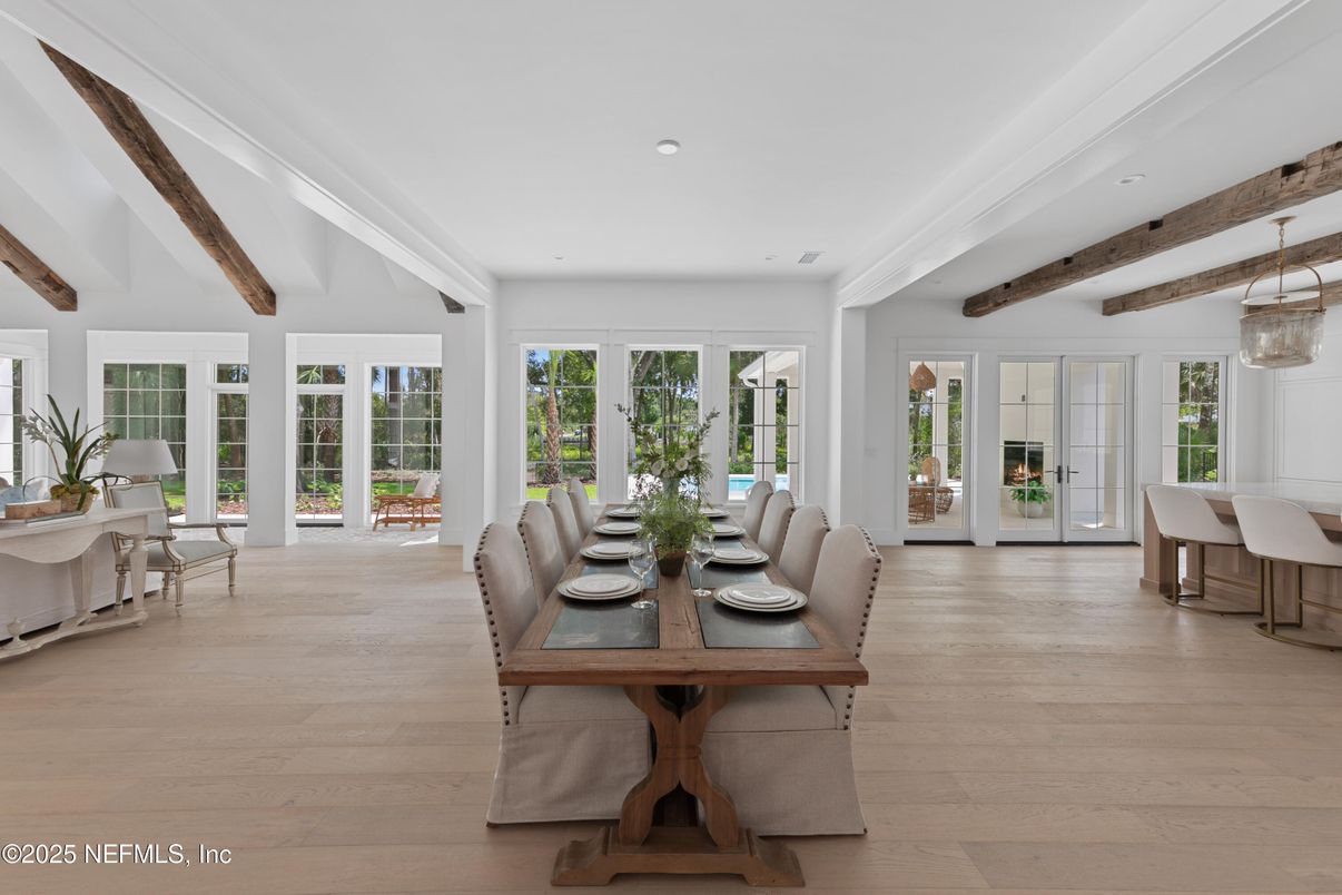 Dining room, Interior, Pendant Lights, Recessed Lighting, Wooden Beams, Wood Texture Flooring