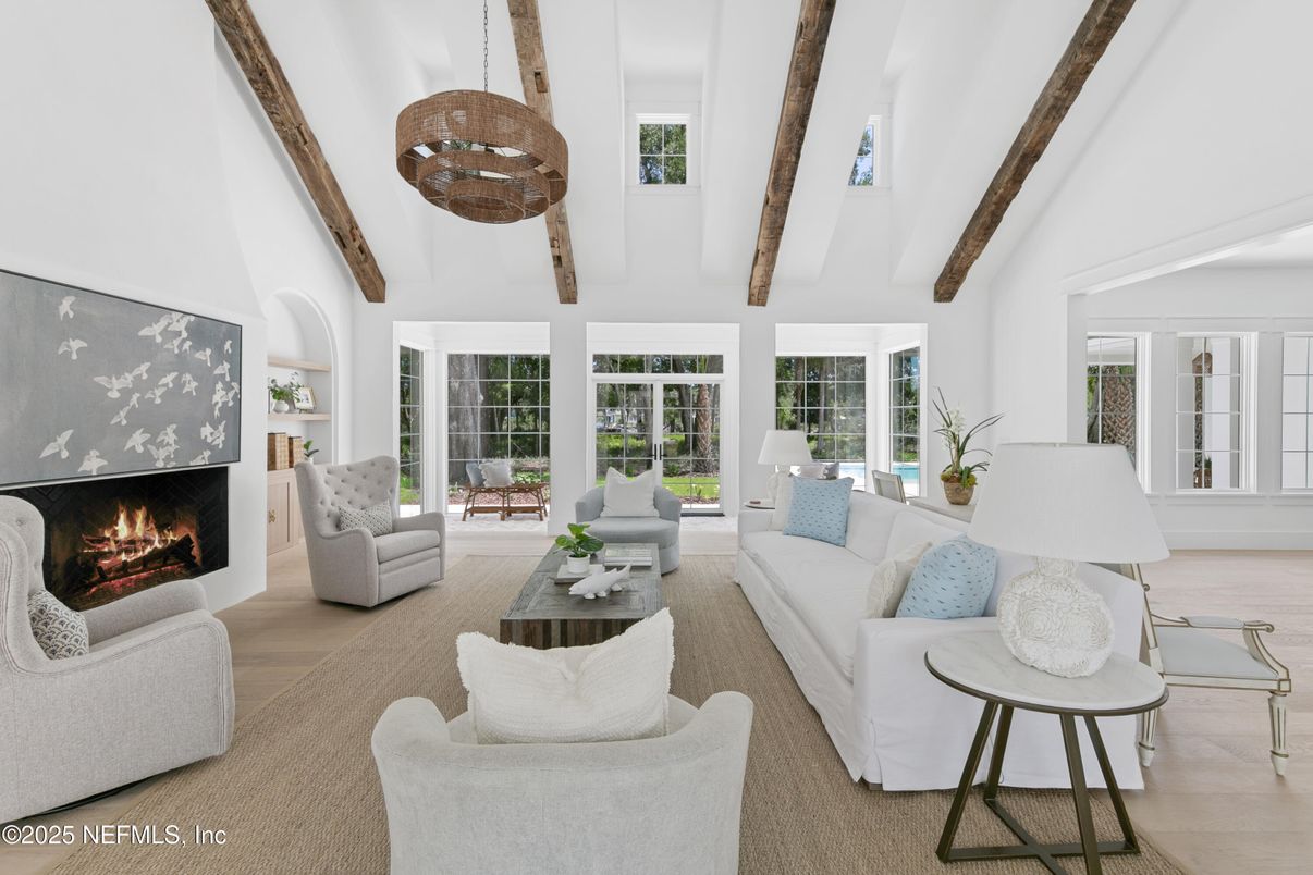 Fireplace, Interior, Living room, Pendant Lights, Wooden Beams, Wood Texture Flooring