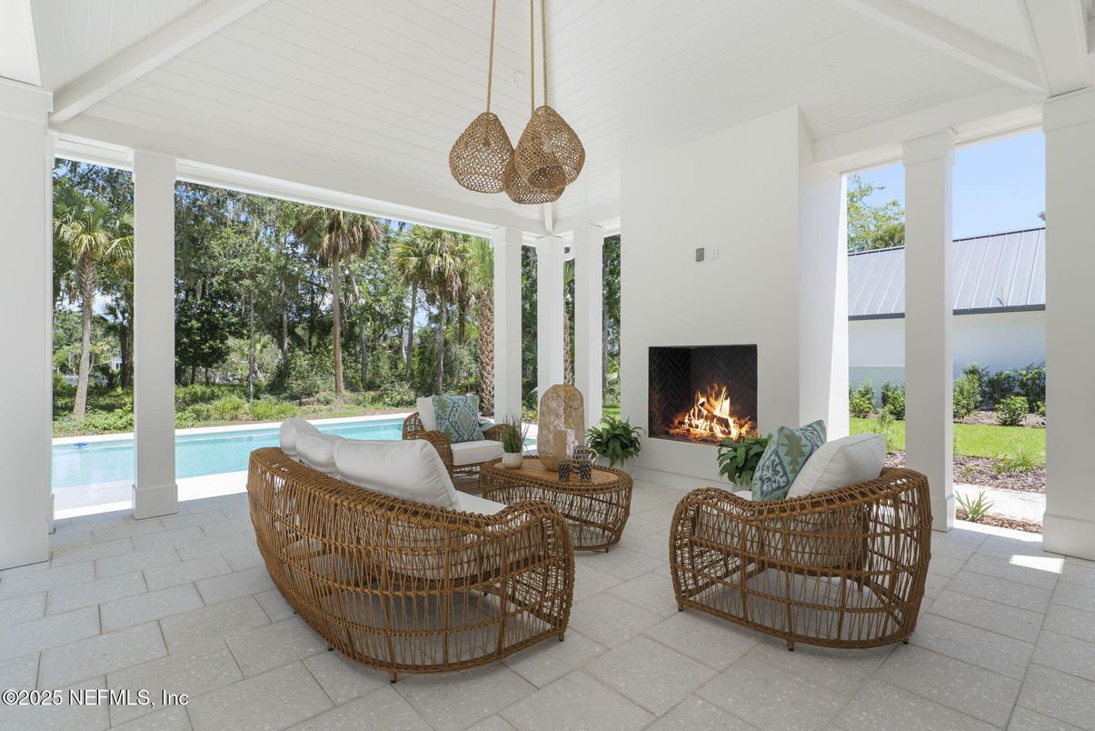 Fireplace, Interior, Living room, Pendant Lights, Pool, Sun Room