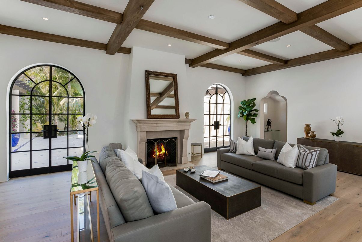 Fireplace, Interior, Living room, Recessed Lighting, Wooden Beams, Wood Texture Flooring