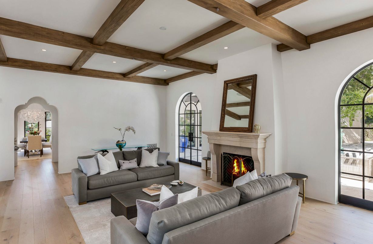 Dining room, Fireplace, Interior, Living room, Recessed Lighting, Wooden Beams, Wood Texture Flooring
