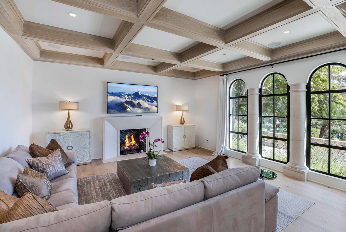 Fireplace, Interior, Living room, Recessed Lighting, Wood Texture Flooring