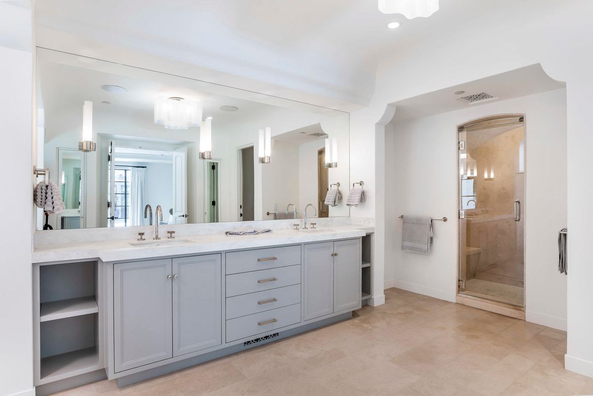 Bathroom, Dual Sink Vanities, Glass Shower, Interior, Recessed Lighting