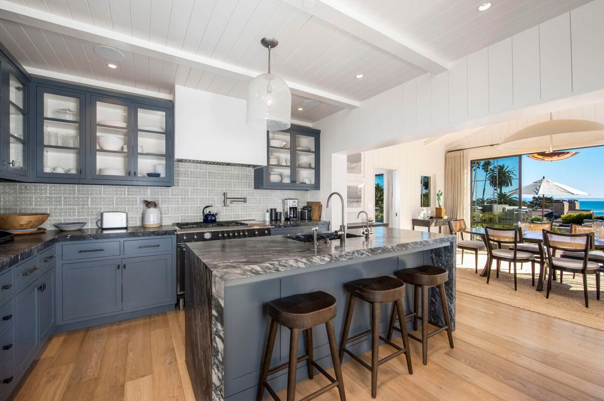 Dining room, Interior, Kitchen, Pendant Lights, Recessed Lighting, Water, Wood Texture Flooring