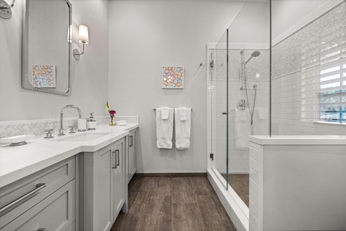 Bathroom, Dual Sink Vanities, Glass Shower, Interior, Wood Texture Flooring