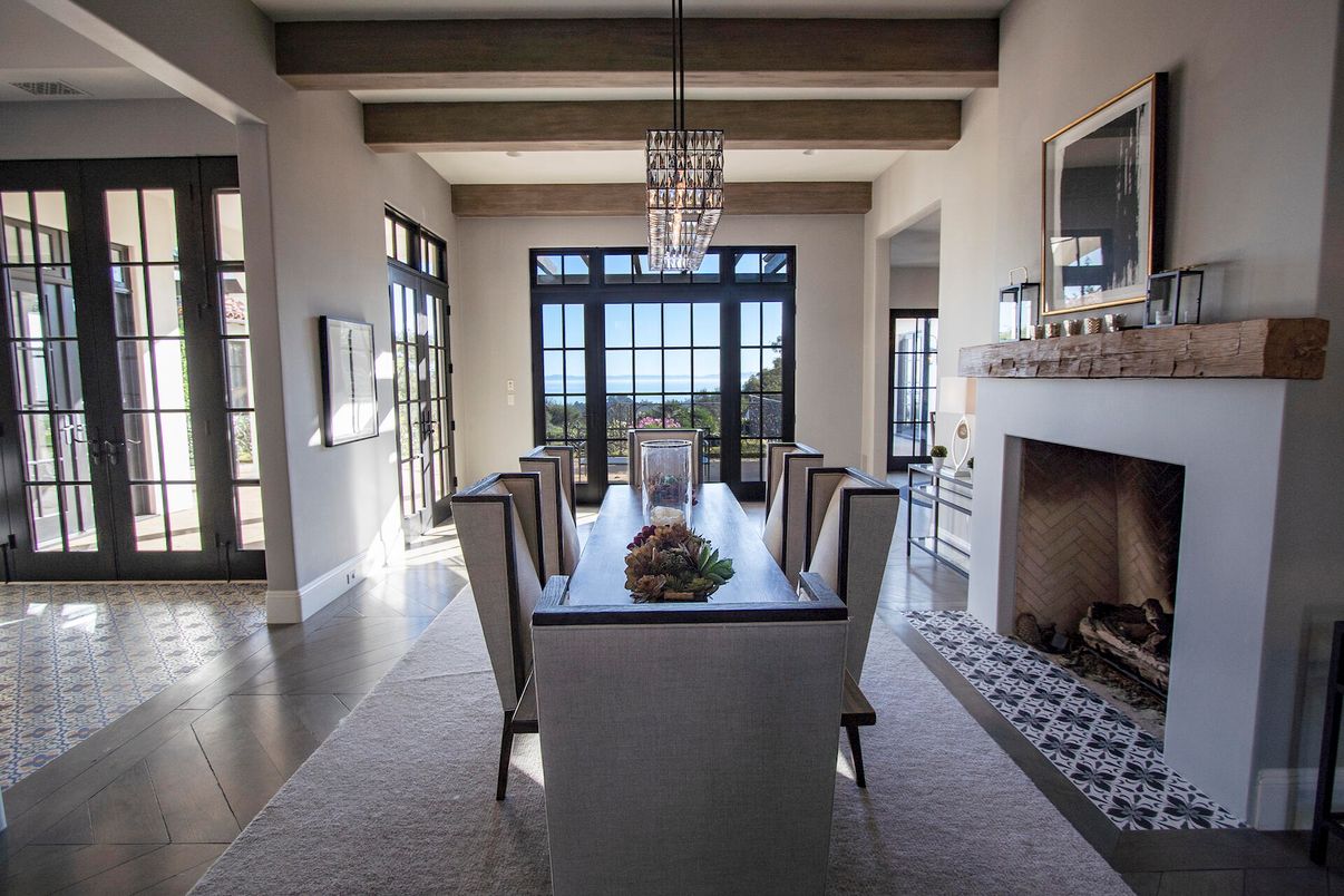 Dining room, Fireplace, Interior, Pendant Lights, Wooden Beams, Wood Texture Flooring