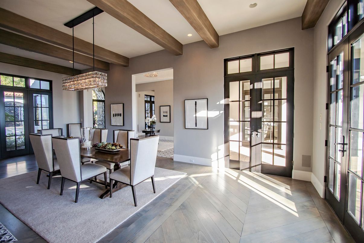 Dining room, Interior, Pendant Lights, Recessed Lighting, Wooden Beams, Wood Texture Flooring