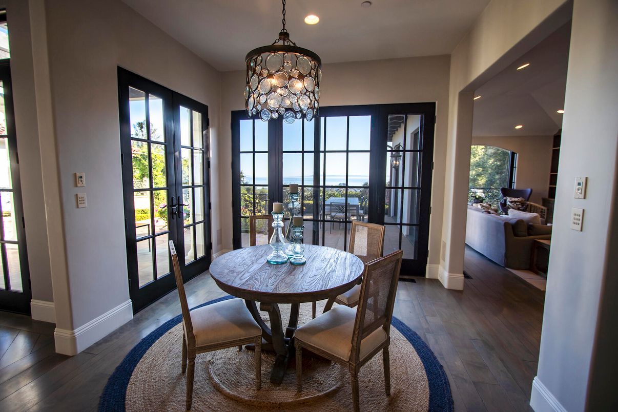 Dining room, Interior, Pendant Lights, Recessed Lighting, Wood Texture Flooring