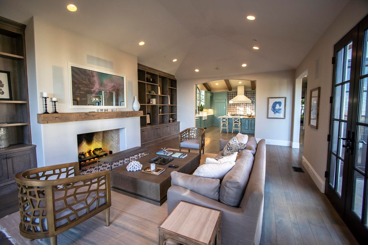 Fireplace, Interior, Living room, Recessed Lighting, Wood Texture Flooring