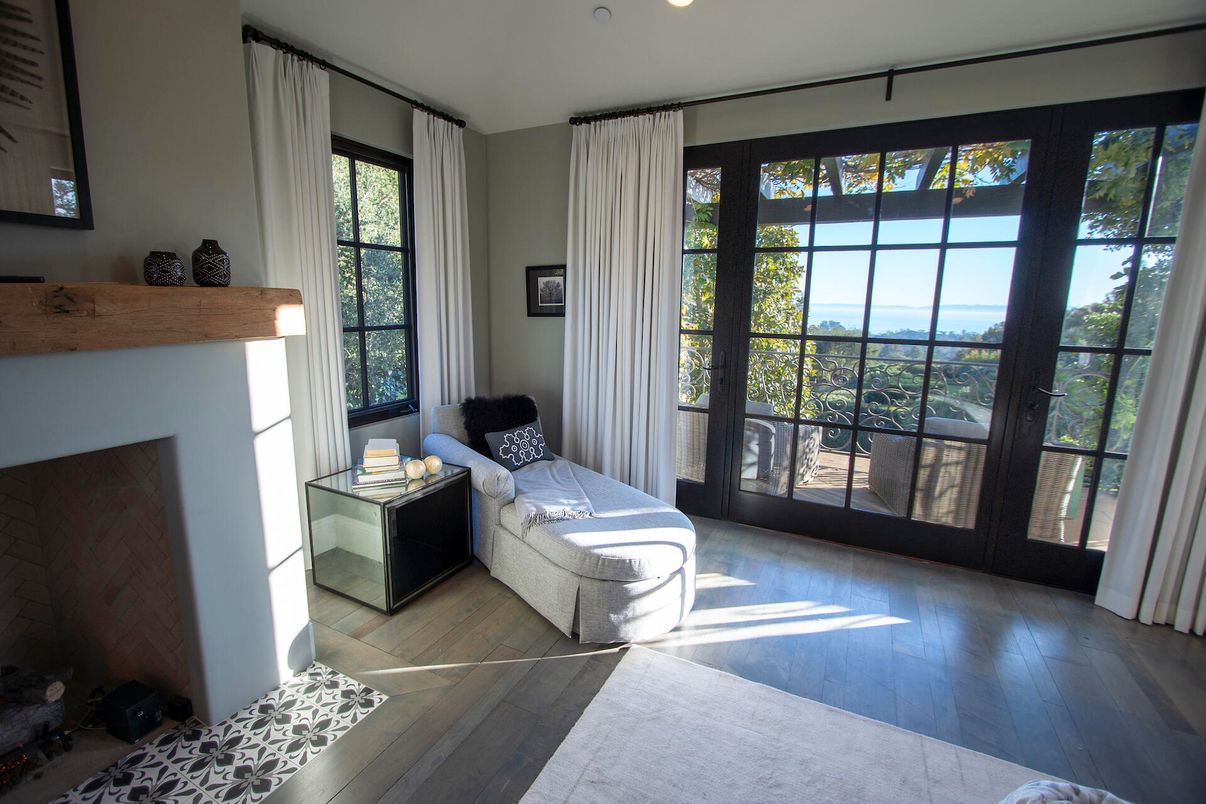 Bedroom, Fireplace, Interior, Recessed Lighting, Wood Texture Flooring