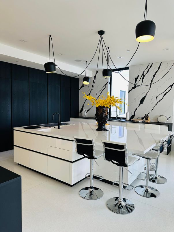 Interior, Kitchen, Marble Walls, Pendant Lights, Recessed Lighting