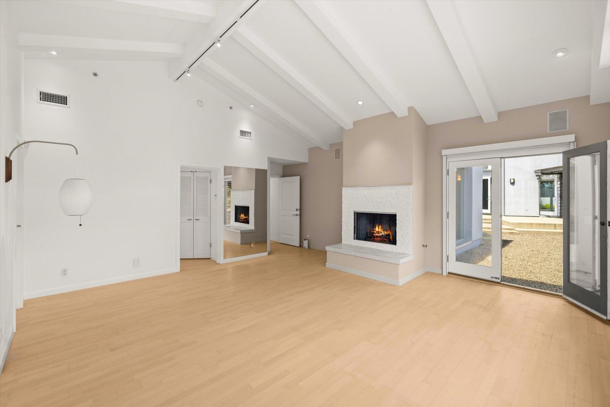Empty room, Fireplace, Interior, Recessed Lighting, Wood Texture Flooring
