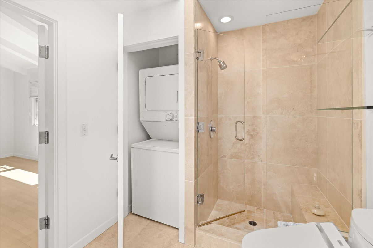Bathroom, Glass Shower, Interior, Recessed Lighting, Utility Closets, Washer