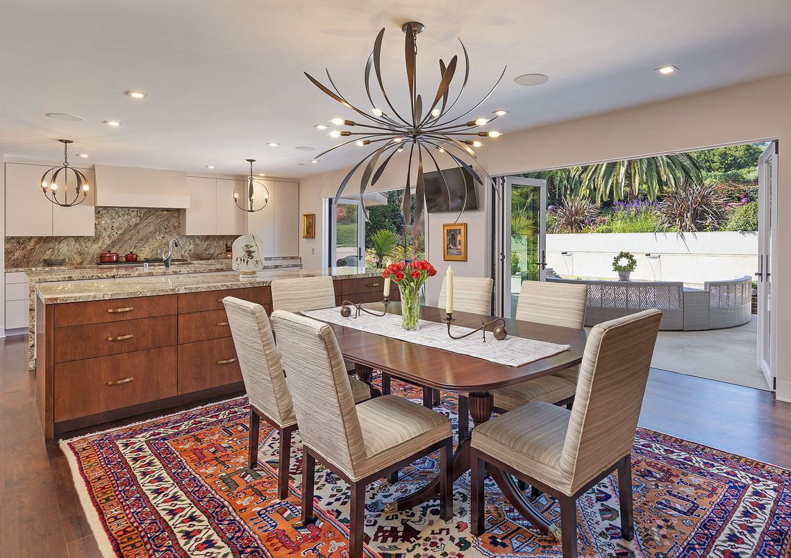 Dining room, Interior, Kitchen, Pendant Lights, Recessed Lighting, Wood Texture Flooring