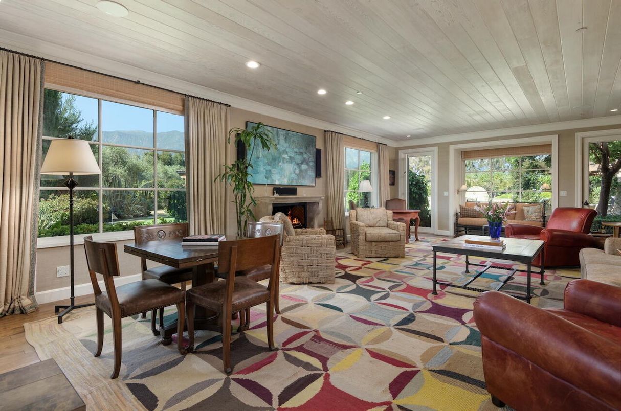Dining room, Fireplace, Interior, Living room, Recessed Lighting, Wooden Ceilings, Wood Texture Flooring