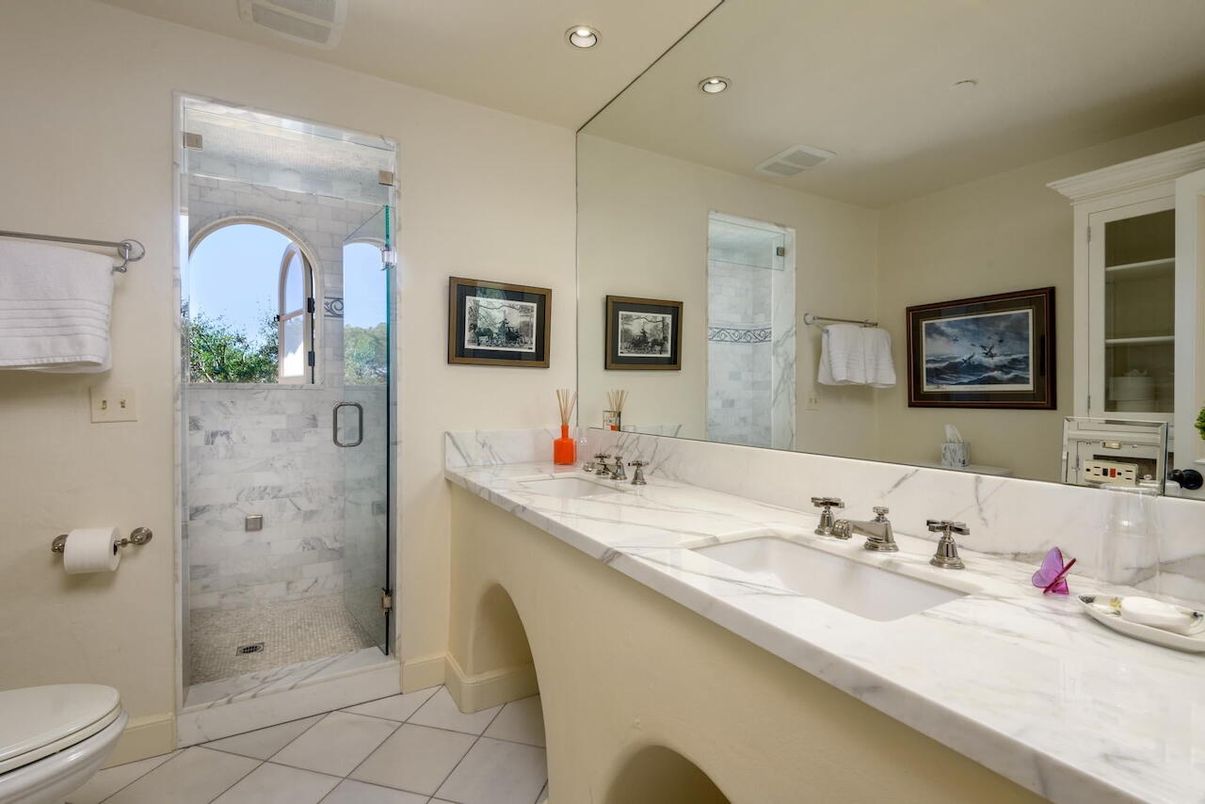 Bathroom, Dual Sink Vanities, Glass Shower, Interior, Marble Walls, Recessed Lighting