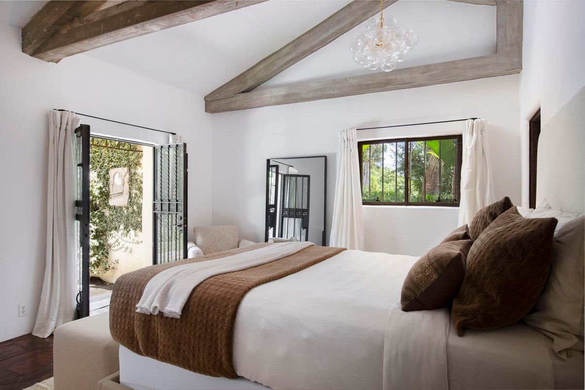 Bedroom, Chandelier, Interior, Wooden Beams, Wood Texture Flooring