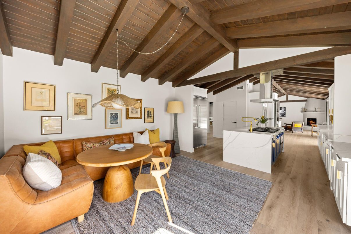Dining room, Interior, Kitchen, Living room, Pendant Lights, Wooden Beams, Wooden Ceilings, Wood Texture Flooring