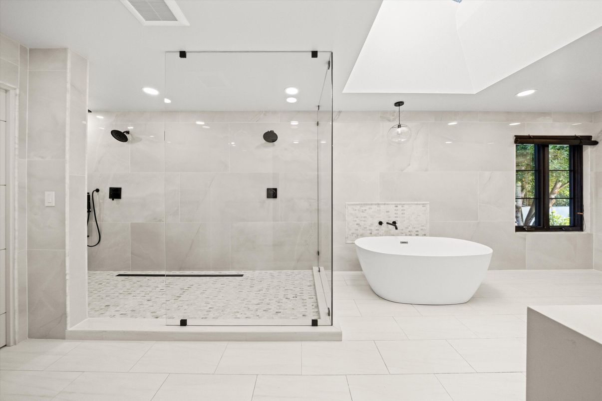 Bathroom, Free Standing Baths, Glass Shower, Interior, Marble Walls, Recessed Lighting