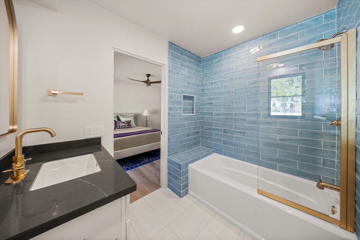 Bathroom, Bedroom, Dual Sink Vanities, Glass Shower, Interior, Recessed Lighting, Wood Texture Flooring