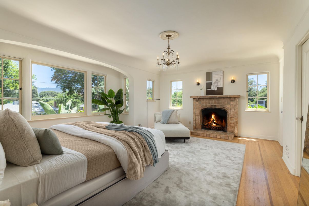 Bedroom, Chandelier, Fireplace, Interior, Wood Texture Flooring