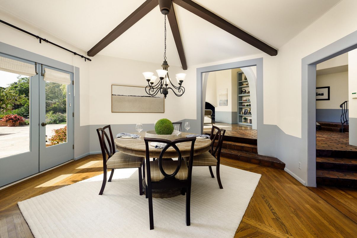 Chandelier, Dining room, Interior, Wooden Beams, Wood Texture Flooring