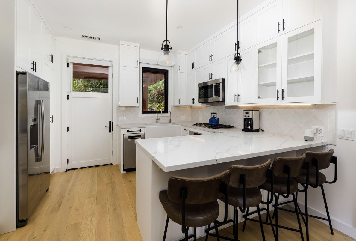 Interior, Kitchen, Pendant Lights, Stainless Steel Appliances, Wood Texture Flooring