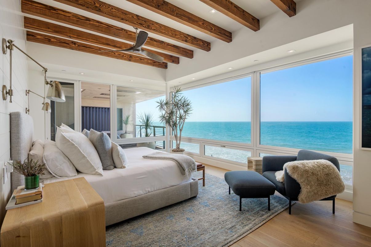 Bedroom, Interior, Recessed Lighting, Water, Wooden Beams, Wood Texture Flooring