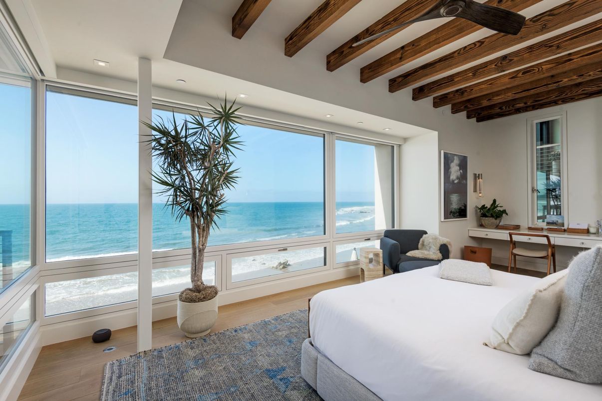 Bedroom, Interior, Recessed Lighting, Water, Wooden Beams, Wood Texture Flooring