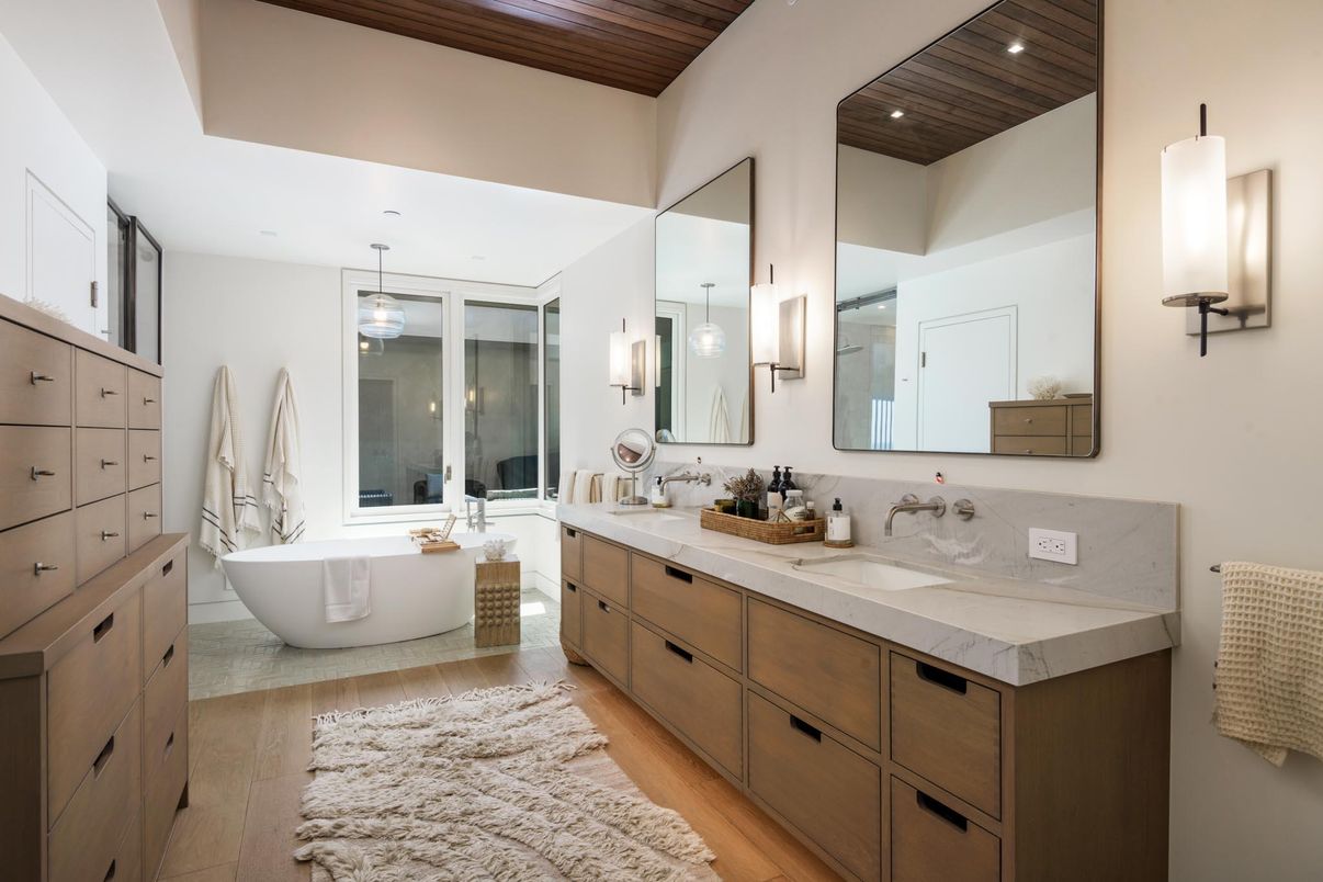 Bathroom, Dual Sink Vanities, Free Standing Baths, Interior, Pendant Lights, Recessed Lighting, Wooden Ceilings, Wood Texture Flooring