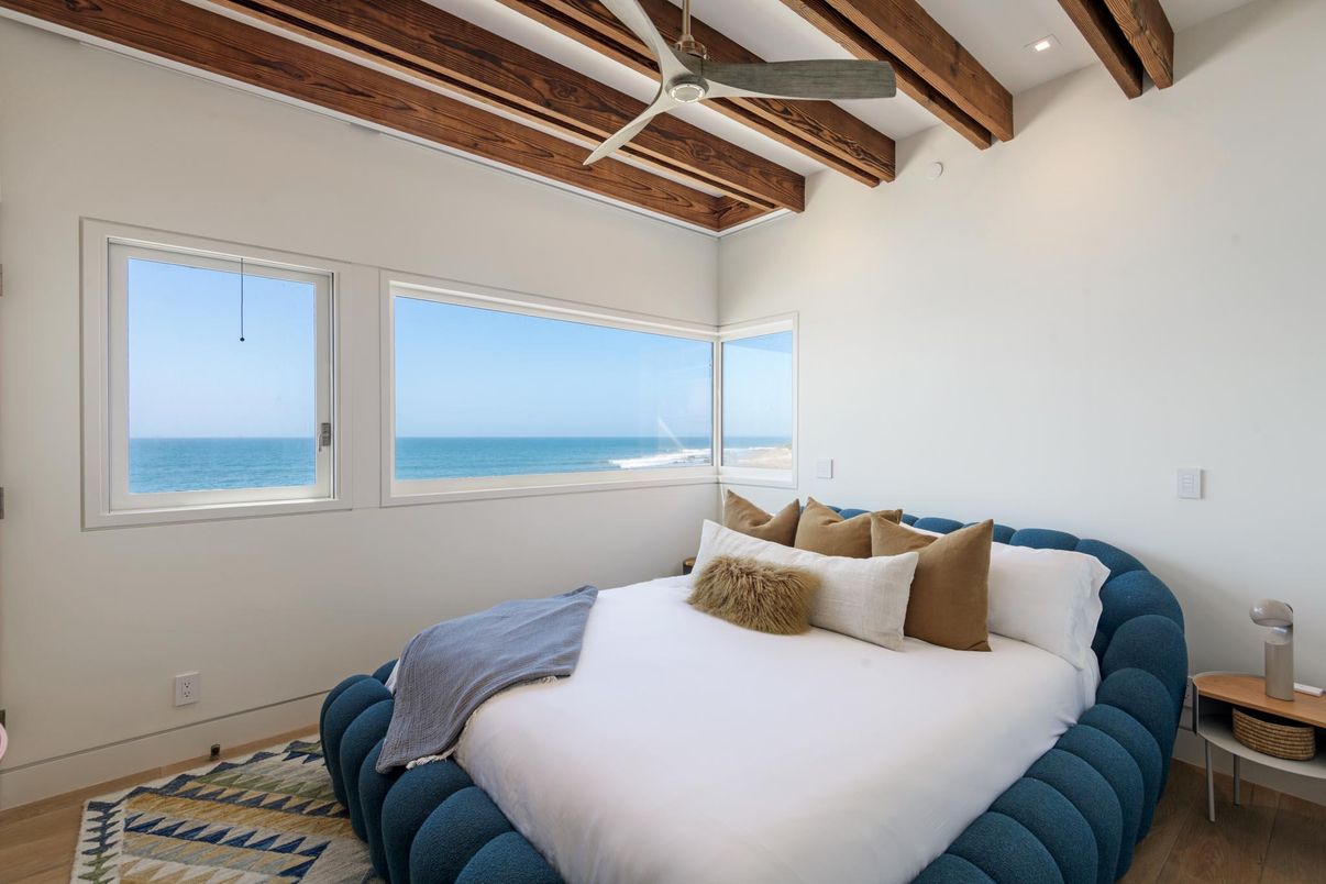 Bedroom, Interior, Recessed Lighting, Water, Wooden Beams, Wood Texture Flooring