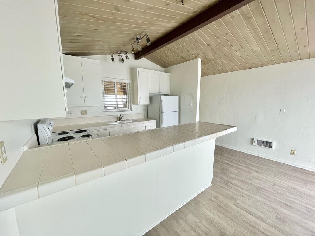 Interior, Kitchen, Tile Countertops, Wooden Beams, Wooden Ceilings, Wood Texture Flooring