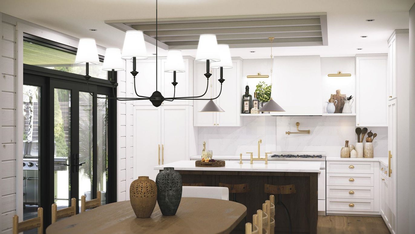 Chandelier, Interior, Kitchen, Pendant Lights, Recessed Lighting, Stainless Steel Appliances, Wood Texture Flooring