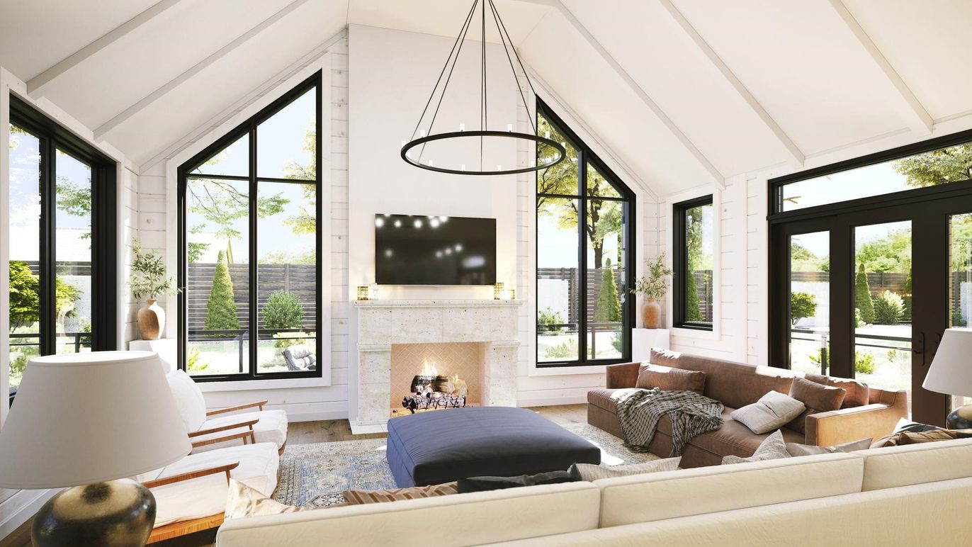 Fireplace, Interior, Living room, Pendant Lights, Wood Texture Flooring