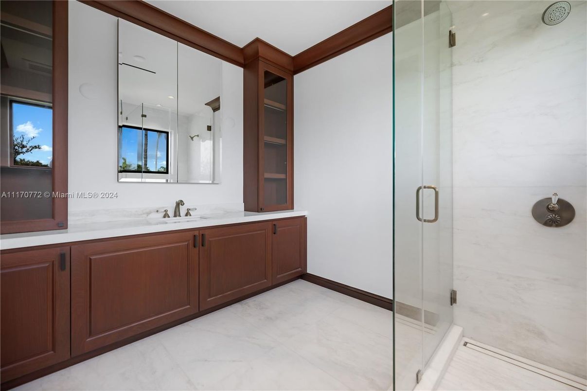 Bathroom, Glass Shower, Interior, Marble, Marble Walls, Recessed Lighting