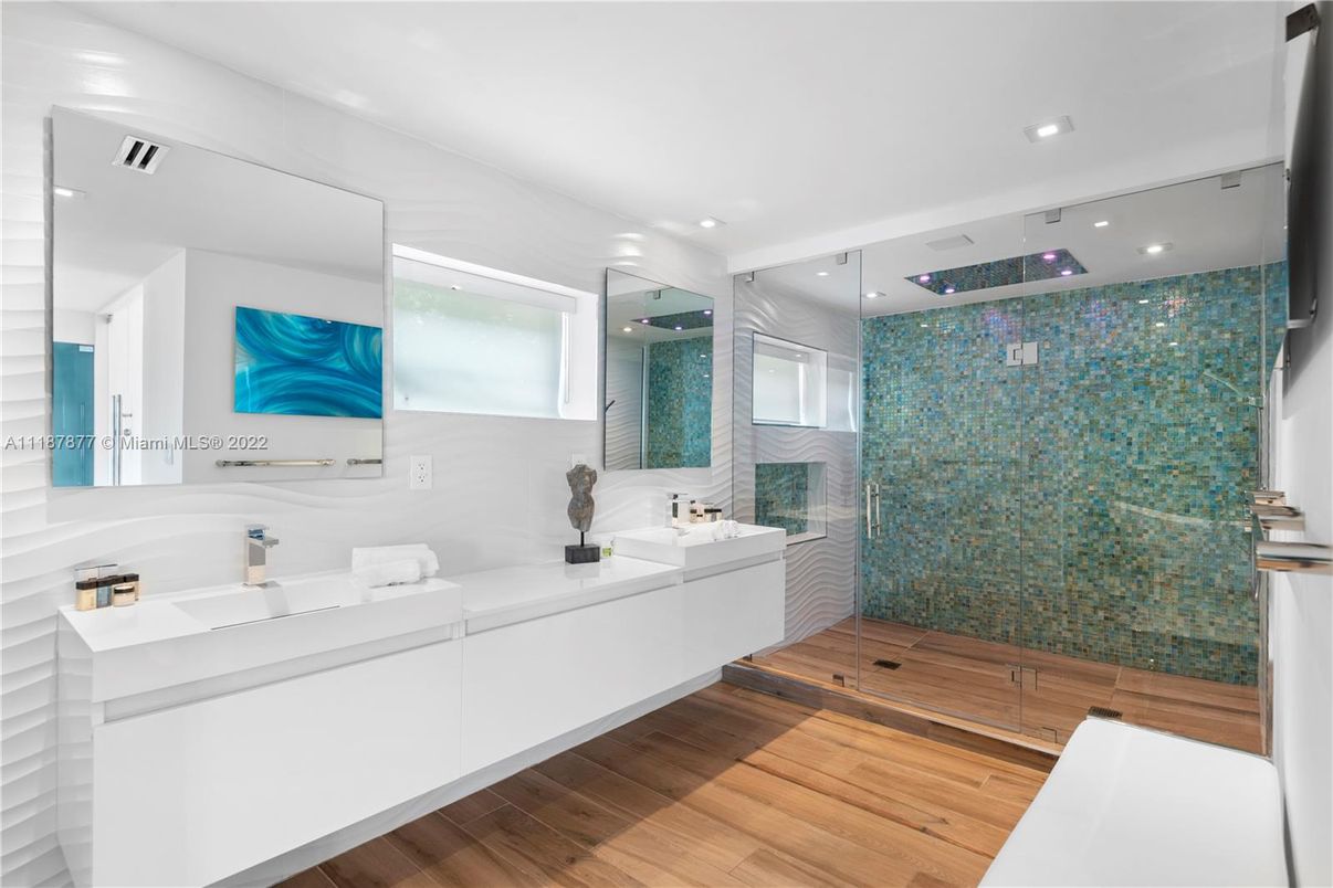 Bathroom, Glass Shower, Interior, Recessed Lighting, Wood Texture Flooring