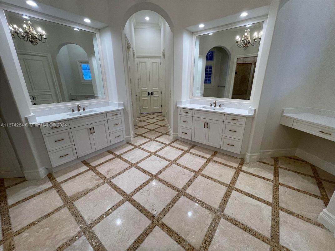 Bathroom, Chandelier, Dual Sink Vanities, Interior, Recessed Lighting