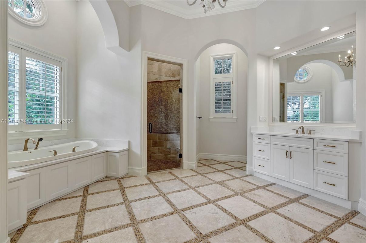 Bathroom, Chandelier, Dual Sink Vanities, Interior, Recessed Lighting