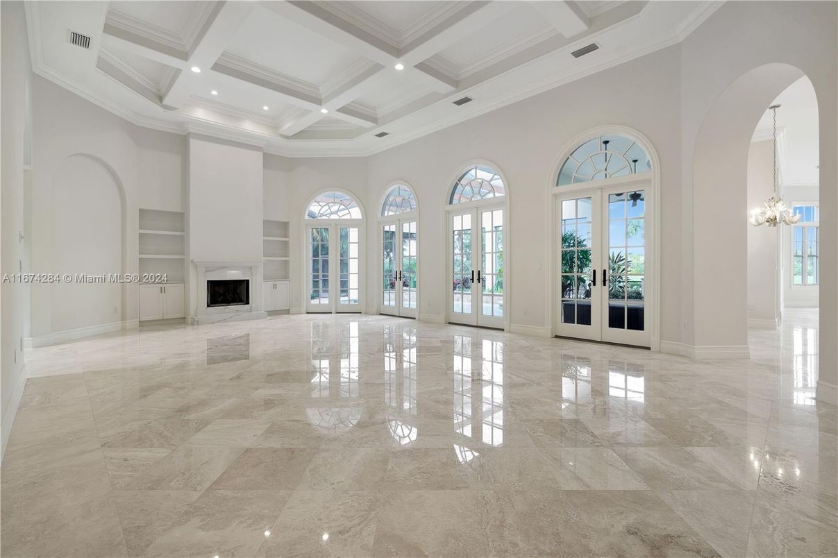 Chandelier, Empty room, Fireplace, Interior, Recessed Lighting