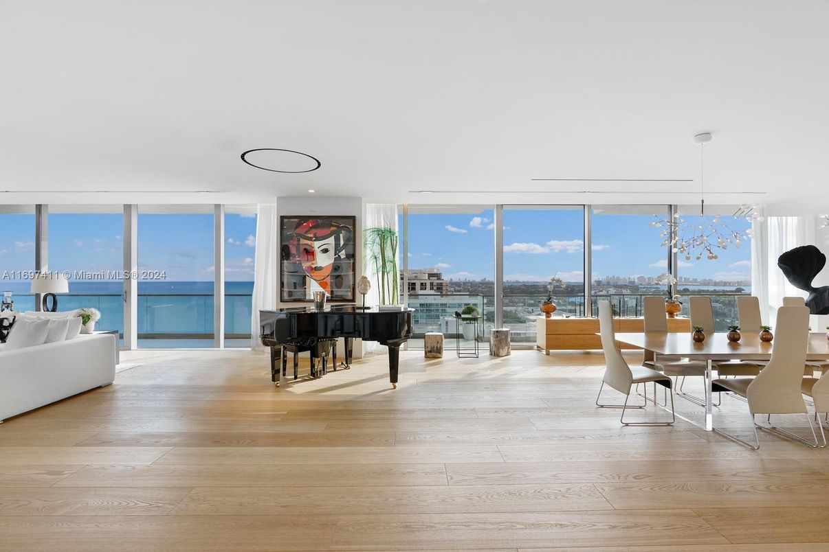 Dining room, Interior, Pendant Lights, Piano, Water, Wood Texture Flooring