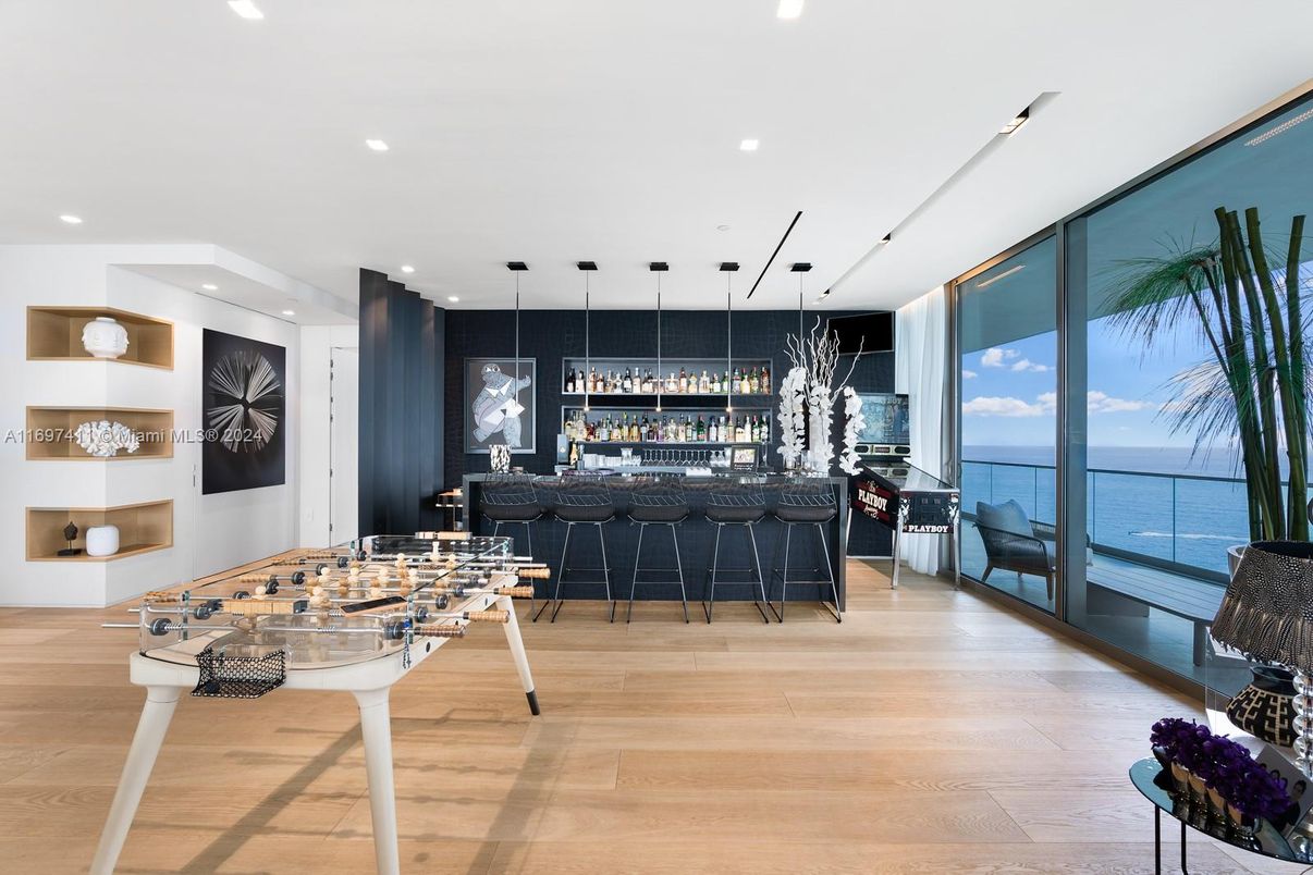 Game Room, Interior, Pendant Lights, Recessed Lighting, Water, Wood Texture Flooring
