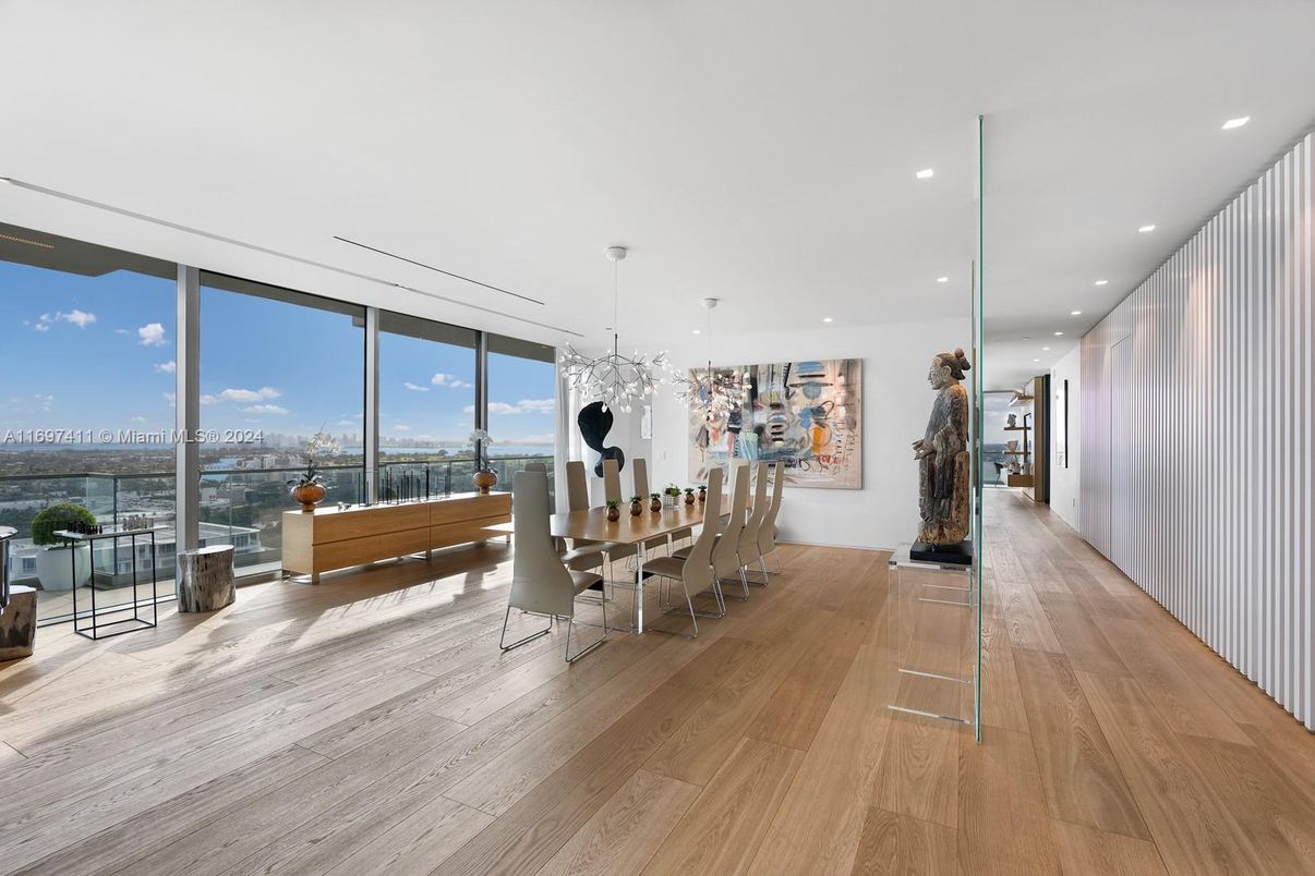 Dining room, Interior, Pendant Lights, Recessed Lighting, Wood Texture Flooring