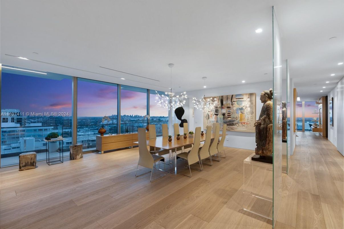 Dining room, Interior, Pendant Lights, Recessed Lighting, Wood Texture Flooring