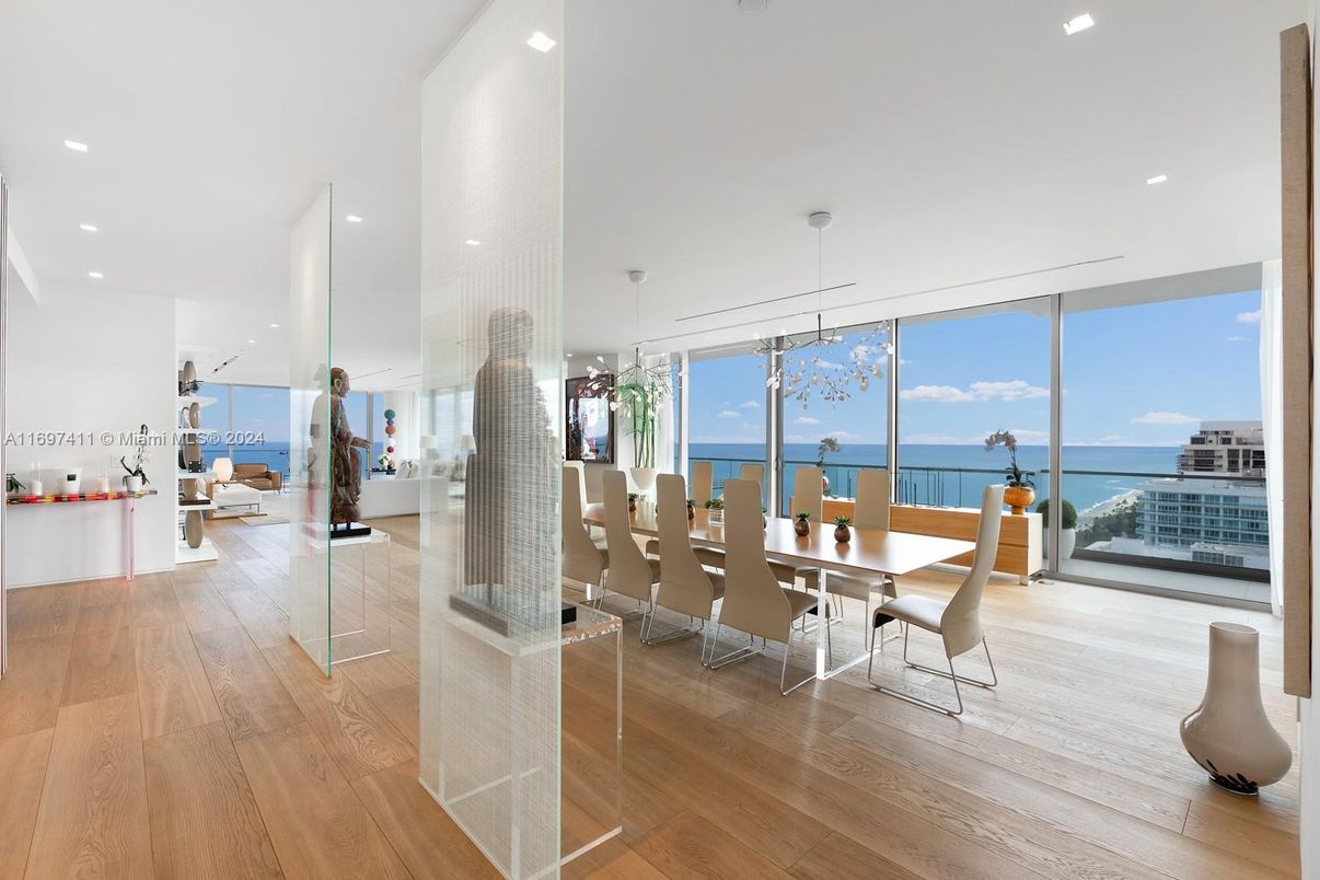 Dining room, Interior, Pendant Lights, Recessed Lighting, Water, Wood Texture Flooring