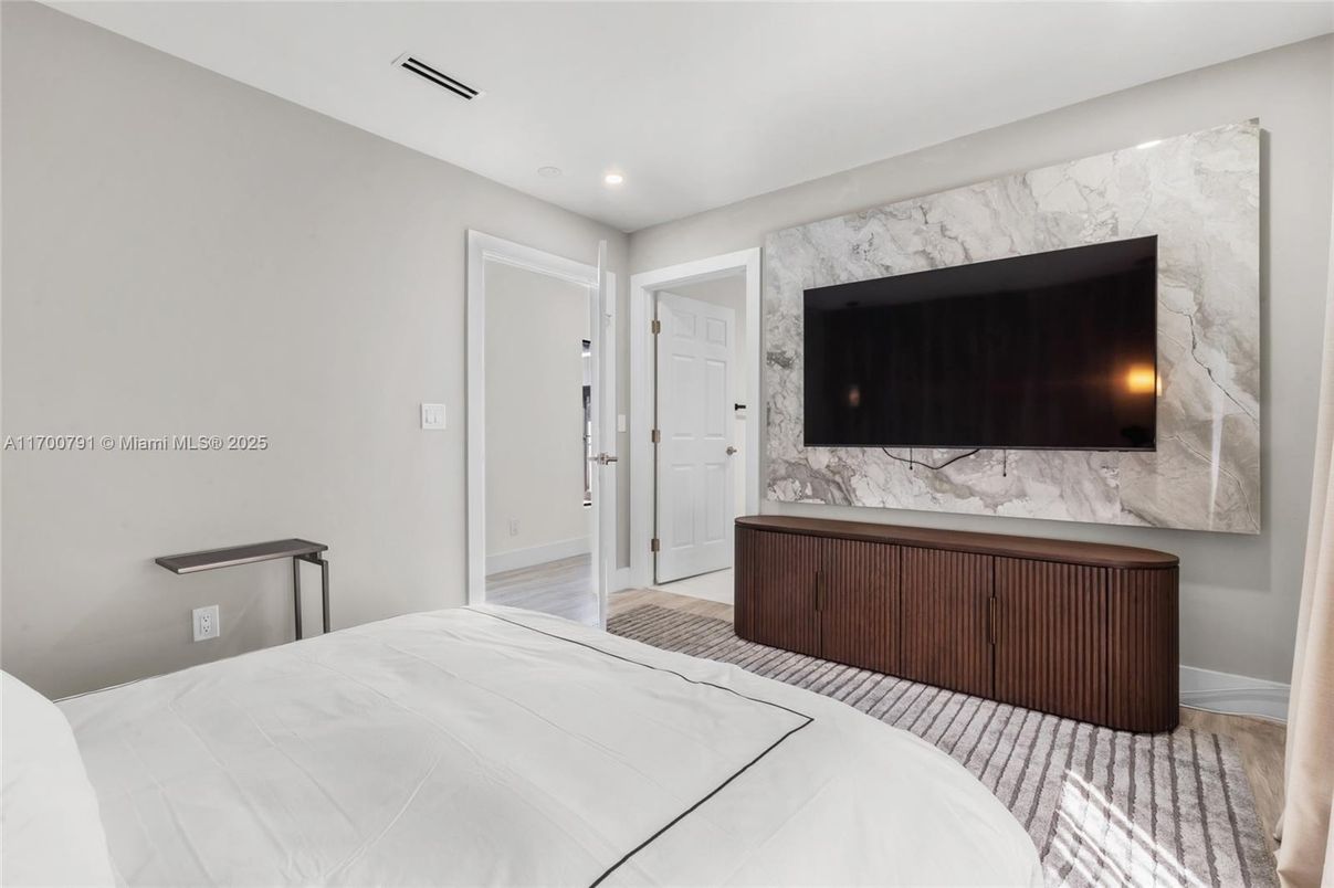 Bedroom, Interior, Marble Walls, Recessed Lighting, Wood Texture Flooring
