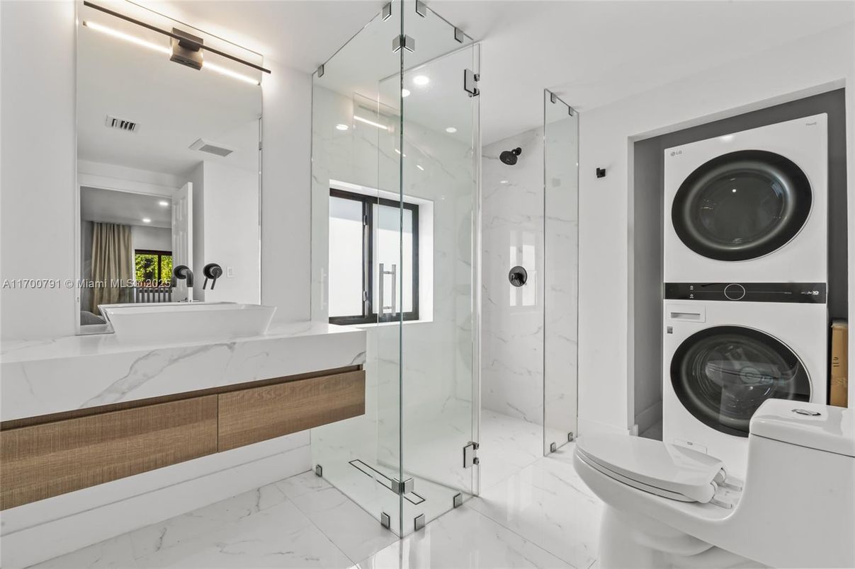 Bathroom, Glass Shower, Interior, Marble, Marble Walls, Recessed Lighting