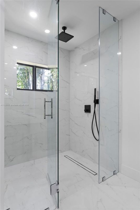 Bathroom, Glass Shower, Interior, Marble, Marble Walls, Recessed Lighting